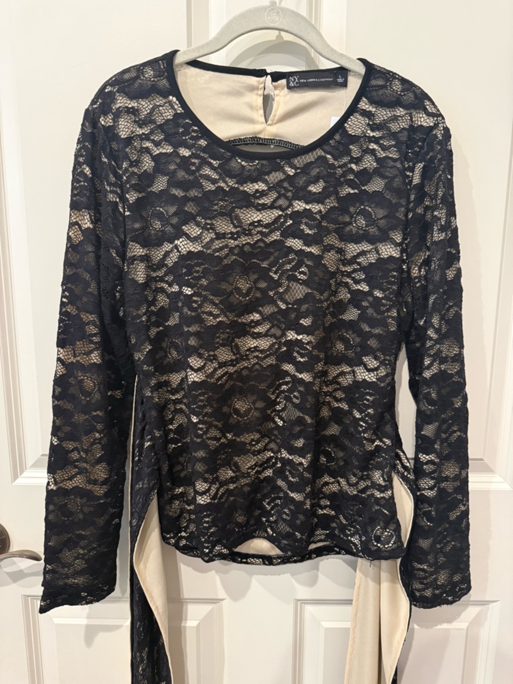 New York & Company Black Lace Overlay Top with Cream Underlay